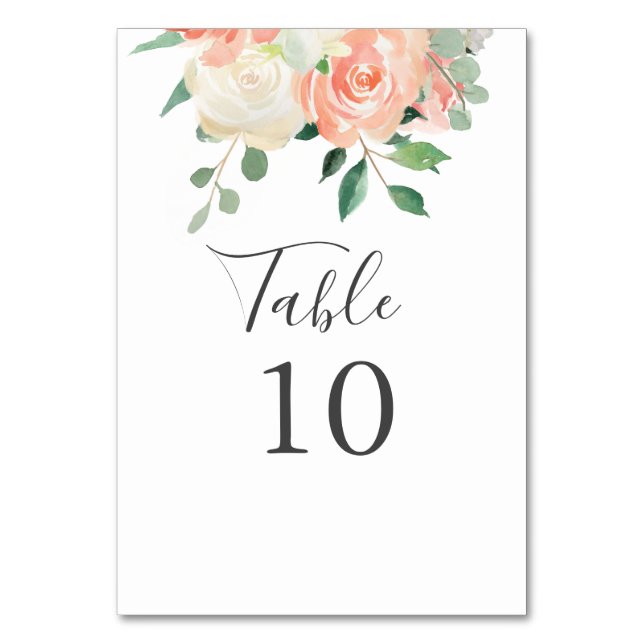 Peach Watercolor Floral Wedding Table Number (Front)
