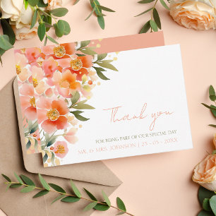 Peach Watercolor Floral Wedding Thank You Card