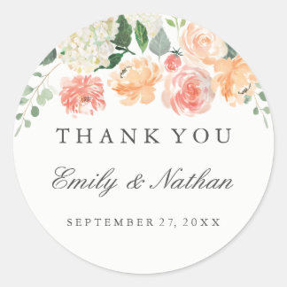 Peach Watercolor Floral Wedding Thank You Sticker