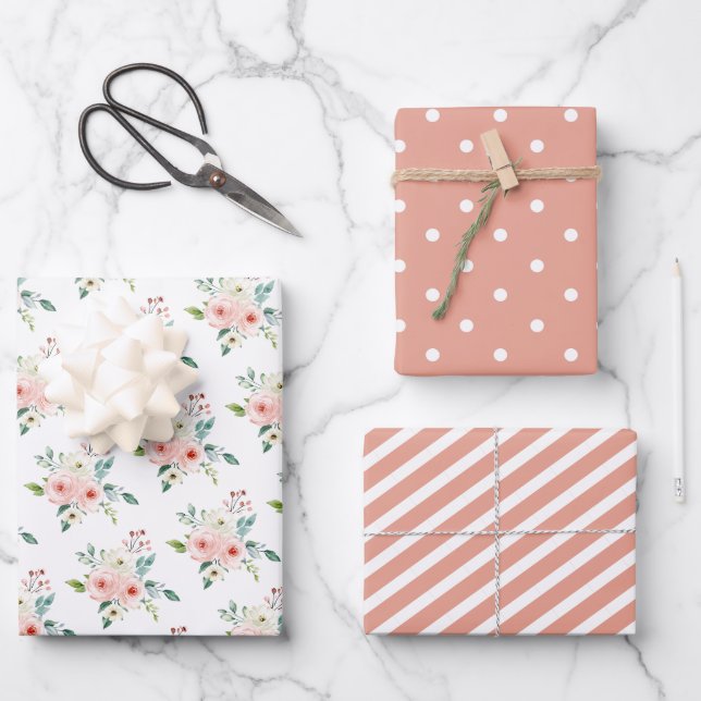 Peach Watercolor Floral Wedding Wrapping Paper Sheets (Front)