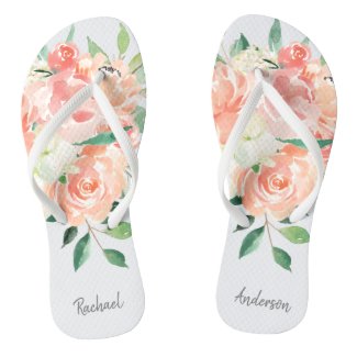 Peach Watercolor Floral with Your Name Flip Flops