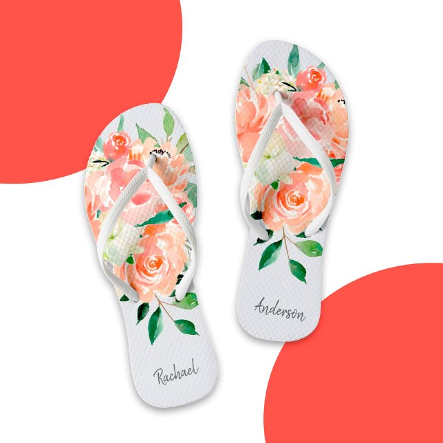 Peach Watercolor Floral with Your Name Flip Flops (Creator Uploaded)