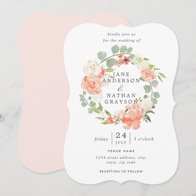 Peach Watercolor Floral Wreath Wedding Invitation (Front/Back)
