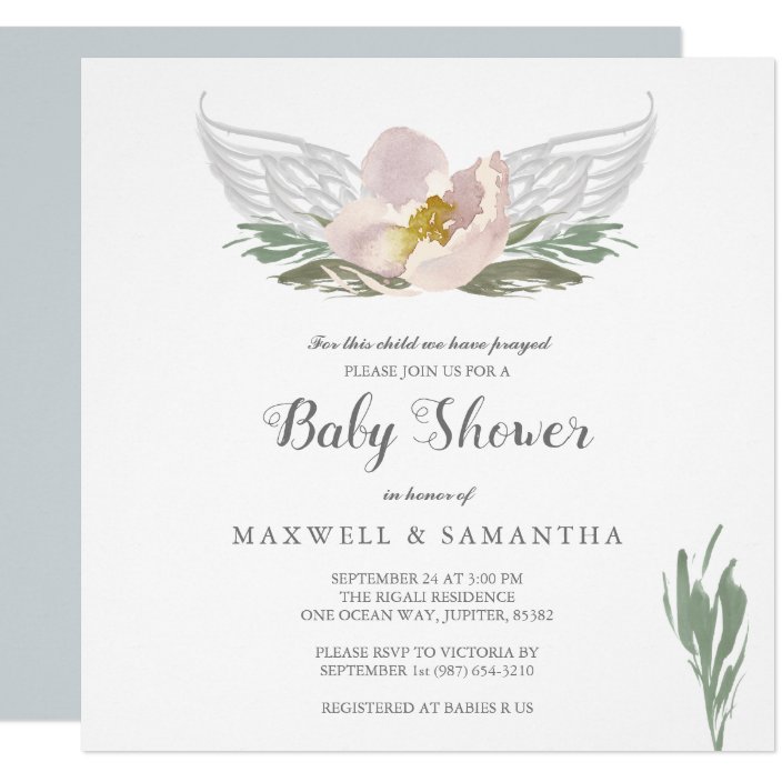 Peach Watercolor Florals Angel Wings Baby Shower Invitation