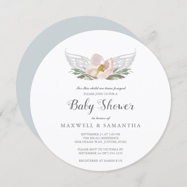 Peach Watercolor Florals Angel Wings Baby Shower Invitation (Front/Back)