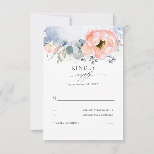 Peach Watercolor Flower Elegant Dusty Blue Wedding RSVP Card