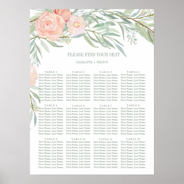Peach Watercolor Flower Seating Chart (Front)