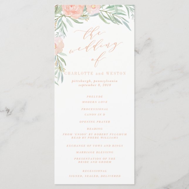 Peach Watercolor Flower Wedding Program (Front)
