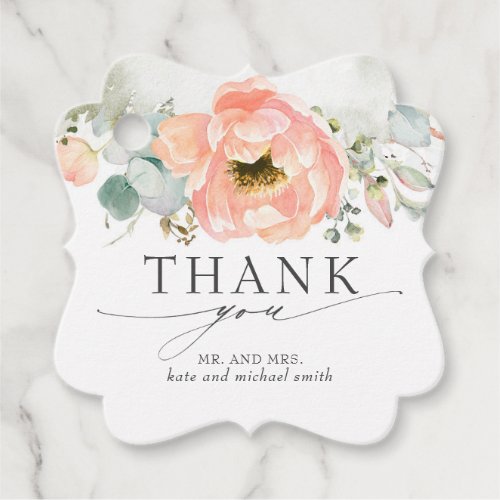 Peach Watercolor Flower Wedding Thank You Favor Tags
