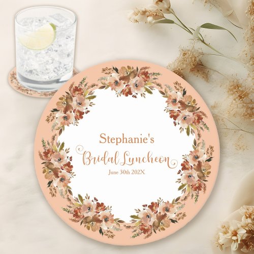 Peach Watercolor Flower Wreath Bridal Luncheon  Round Paper Coaster