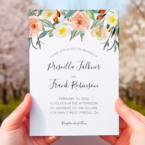 Peach Watercolor Flowers All In One Wedding Invitation