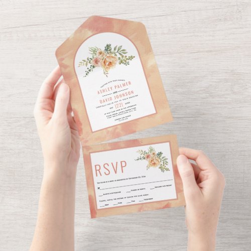 Peach watercolor flowers and arch floral wedding a all in one invitation