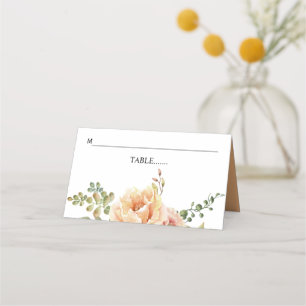 Peach watercolor flowers and leaves wedding place card