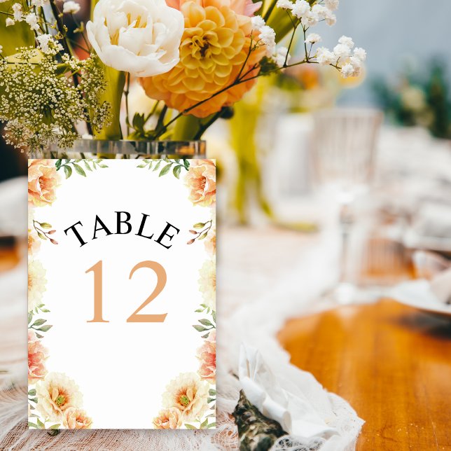 Peach watercolor flowers and leaves wedding table number (Creator Uploaded)