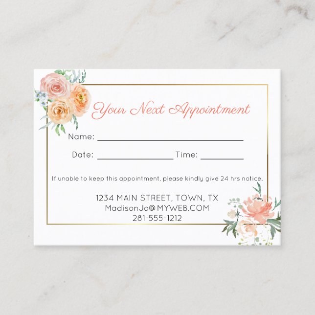 Peach Watercolor Flowers Appointment Card (Front)