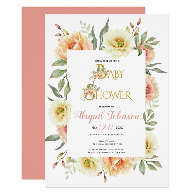 Peach watercolor flowers baby shower for girls invitation