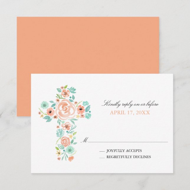 Peach Watercolor Flowers Cross First Communion Invitation (Front/Back)