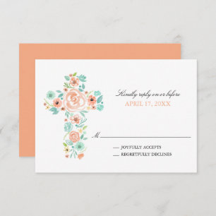 Peach Watercolor Flowers Cross First Communion Invitation