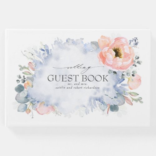 Peach Watercolor Flowers Dusty Blue Wedding Guest Book