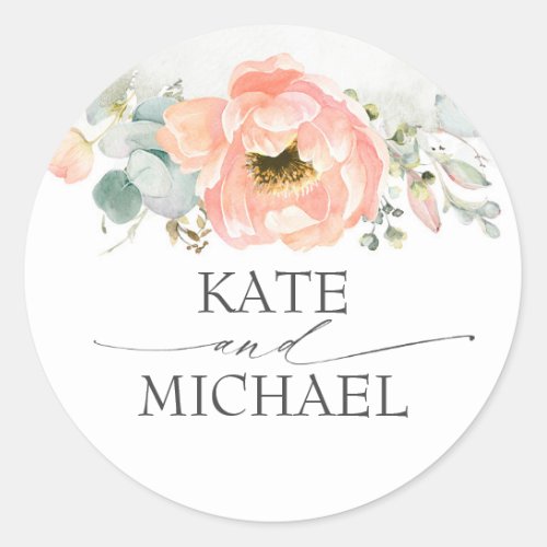 Peach Watercolor Flowers Elegant Wedding Classic Round Sticker