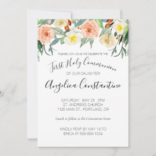 Peach Watercolor Flowers First Holy Communion Invitation