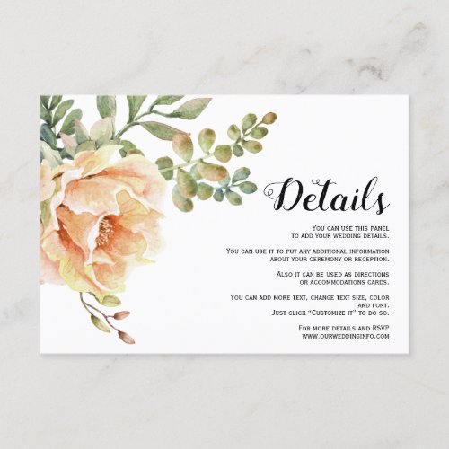 Peach watercolor flowers floral wedding details enclosure card