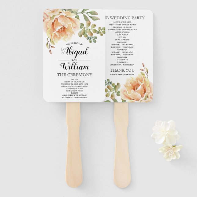 Peach watercolor flowers floral wedding program hand fan (Front and Back)