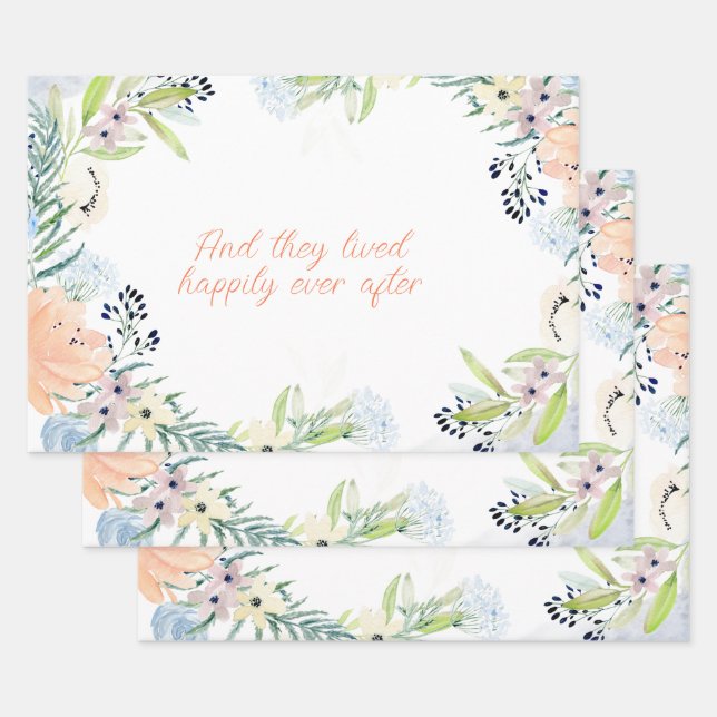 Peach Watercolor Flowers Frame Personalized  Wrapping Paper Sheets (Set)