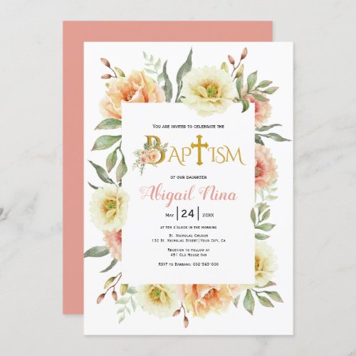 Peach watercolor flowers girl floral baptism invitation