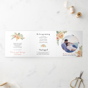 Peach watercolor flowers, green leaves, photo Tri-Fold Program