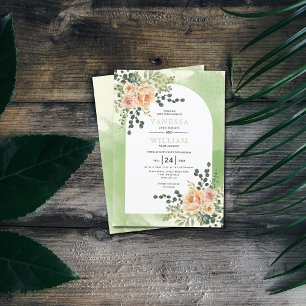 Peach watercolor flowers sage arch floral wedding  invitation