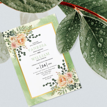 Peach Watercolor Flowers Sage Floral Wedding Invitation by weddings_ at Zazzle