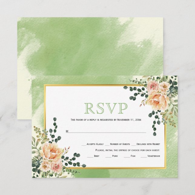 Peach watercolor flowers sage floral wedding RSVP (Front/Back)