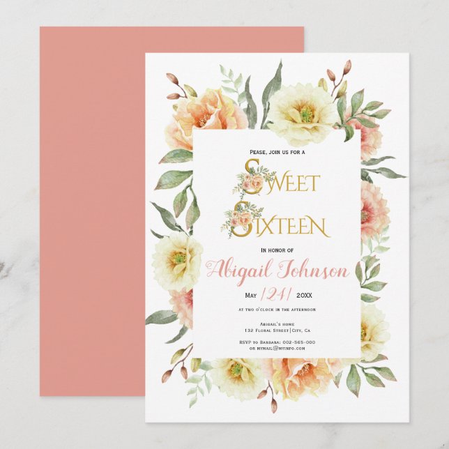 Peach watercolor flowers sweet sixteen birthday invitation (Front/Back)