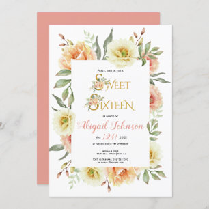 Peach watercolor flowers sweet sixteen birthday invitation
