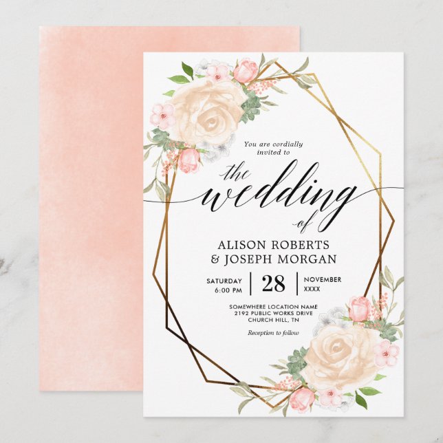 Peach watercolor gold geometric frame wedding invitation (Front/Back)