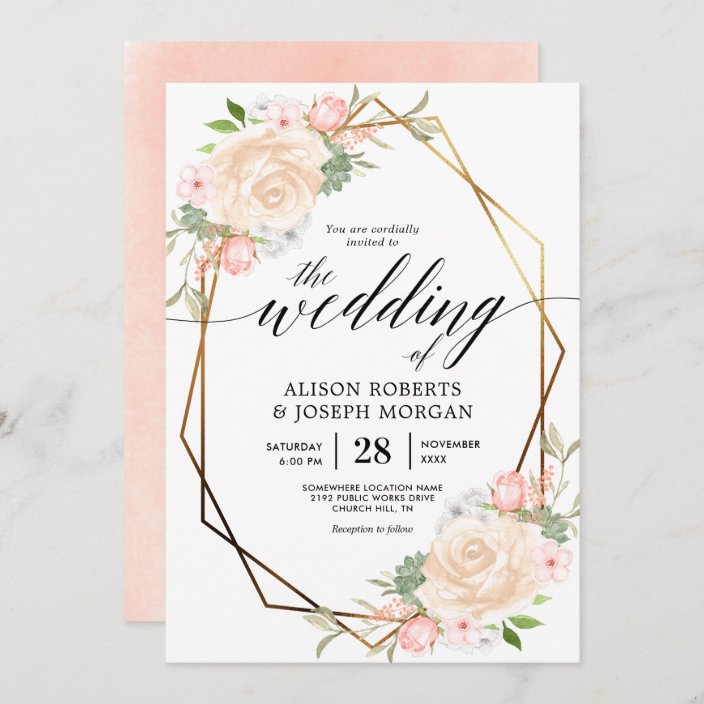 Peach watercolor gold geometric frame wedding invitation | Zazzle.com