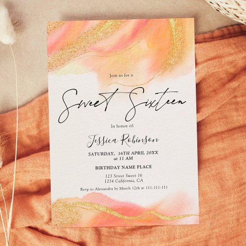 Peach watercolor gold glitter photo Sweet 16  Invitation