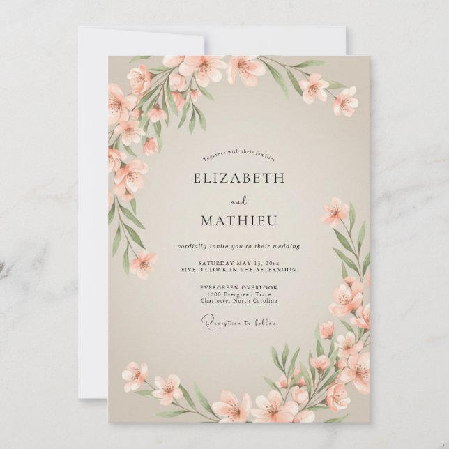 Peach Watercolor Leaf Wedding Invitation (Front)
