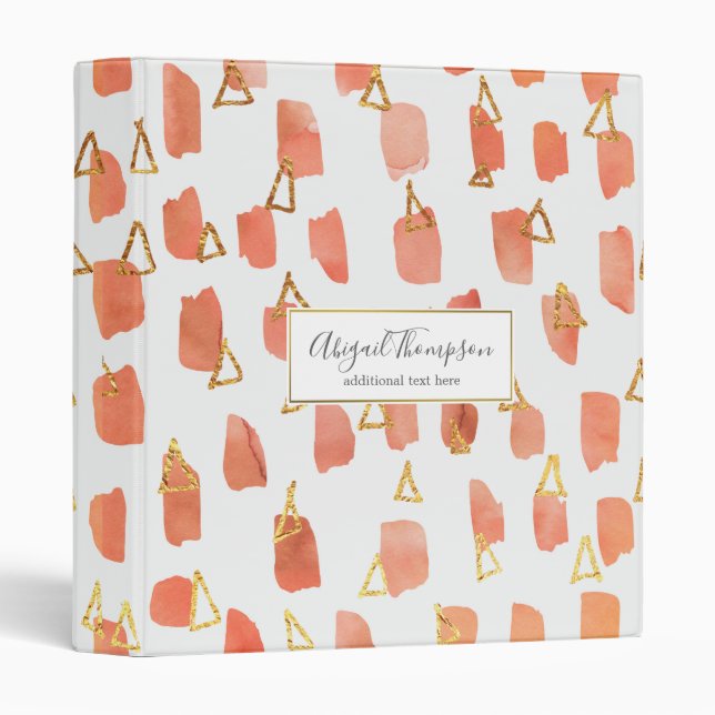 Peach Watercolor Paint Gold Triangles Pattern 3 Ring Binder (Front/Spine)