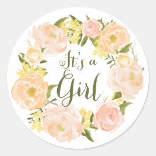 Peach Watercolor Peonies Wreath Baby Shower Classic Round Sticker