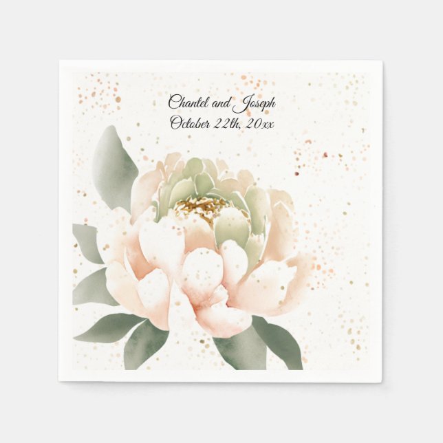 Peach Watercolor Peony Wedding Paper Napkins (Front)