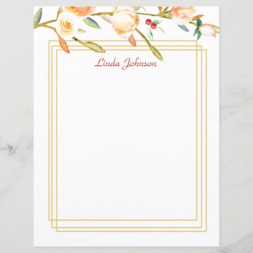 Peach Watercolor Rose Branch Stationery