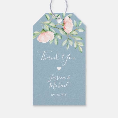 Peach Watercolor Rose Dusty Blue Wedding Thank You Gift Tags