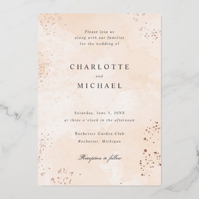 Peach watercolor rose gold foil wedding foil invitation (Front)