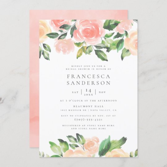 Peach Watercolor Roses Elegant Bridal Shower Invitation 