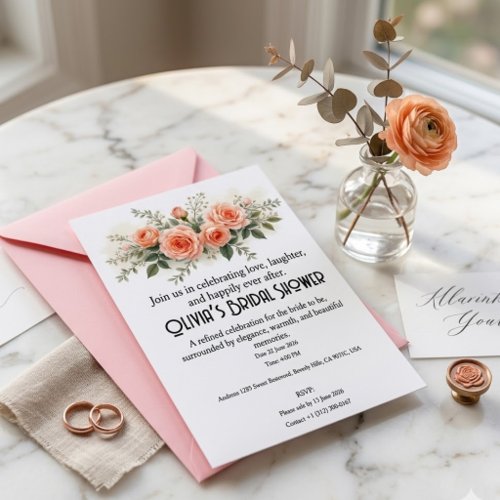 Peach Watercolor Roses Floral Bridal Shower Foil Invitation