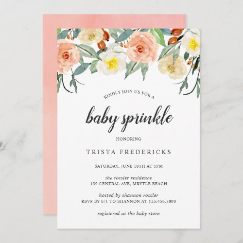 Peach Watercolor Roses Floral Girl Baby Sprinkle Invitation