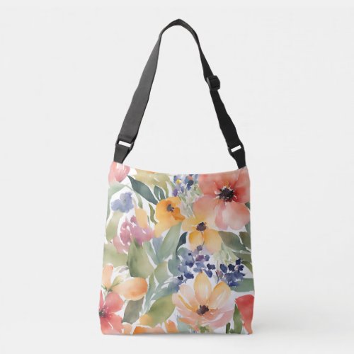 Peach Watercolor Roses Flower Art Crossbody Bag