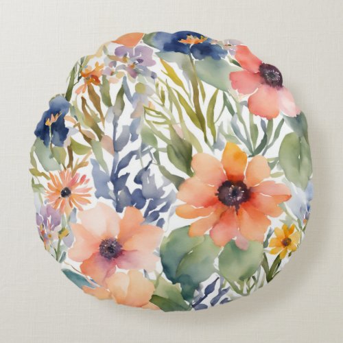 Peach Watercolor Roses Flower Art Round Pillow